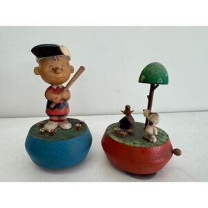 1972 ANRI Charlie Brown Baseball Player & Anri Snoopy Peanuts Music Box Set of 2